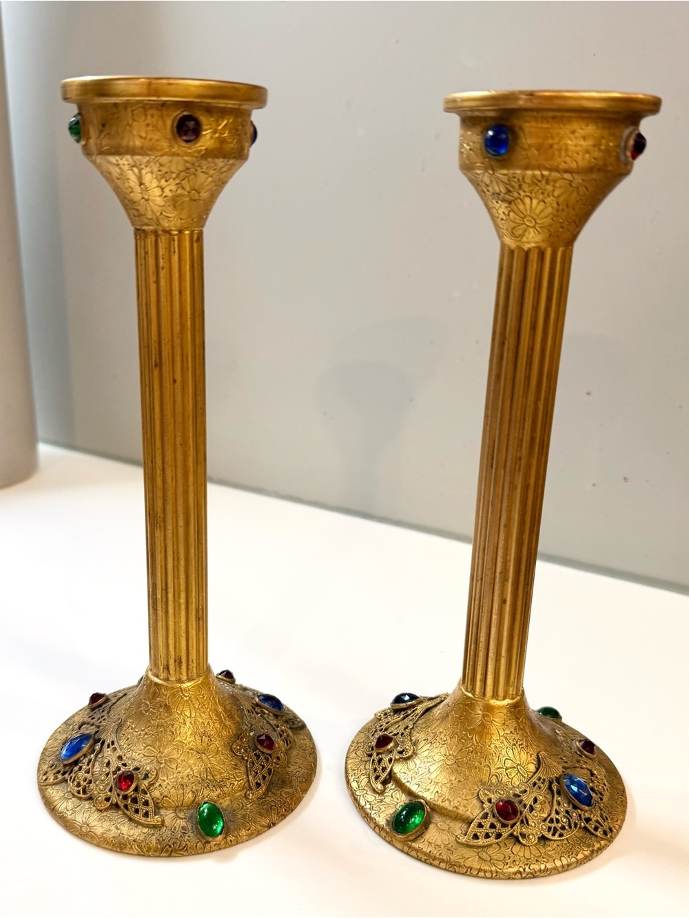 Gold-Tone Jeweled Metal Candlestick Pair